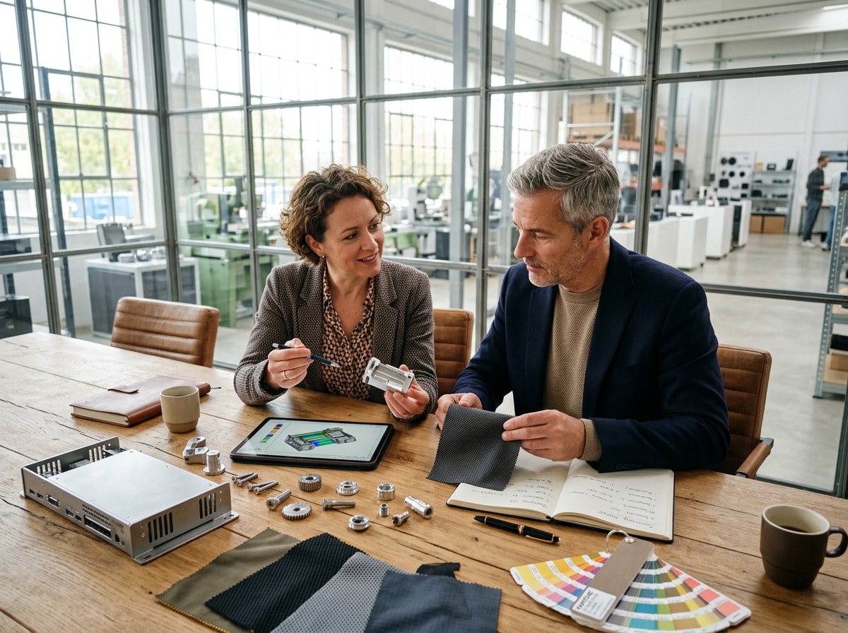 Two professionals reviewing product components and materials at a sourcing meeting